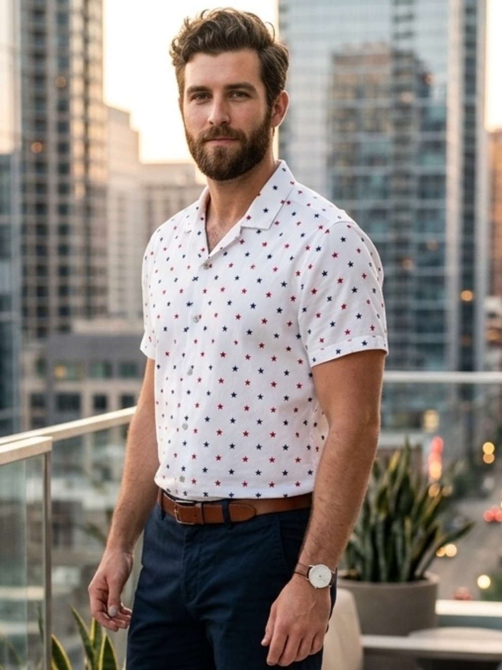 Take 50% OFF- Denim & Flower Men's White Short-Sleeve Star Print Shirt, Size-L